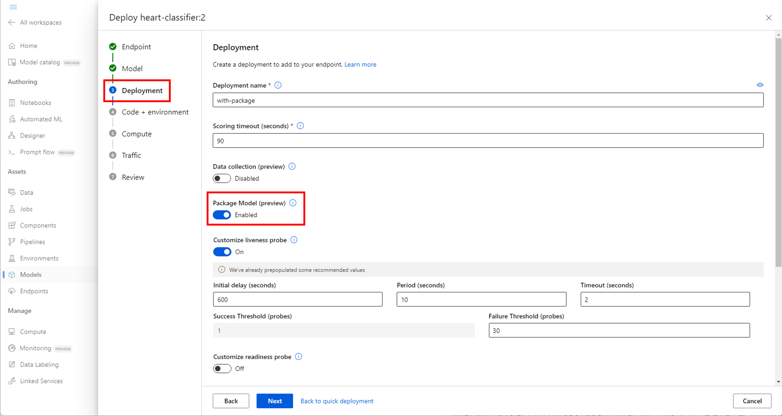 Uma captura de tela do assistente de implantação de modelo avançado para Pontos de extremidade on-line destacando a opção Modelo de pacote.