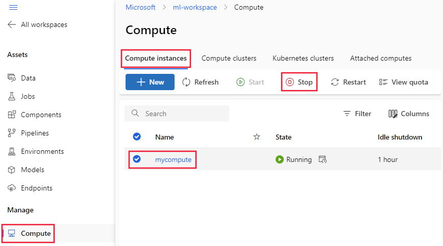 Captura de tela do botão de parada para instância de computação