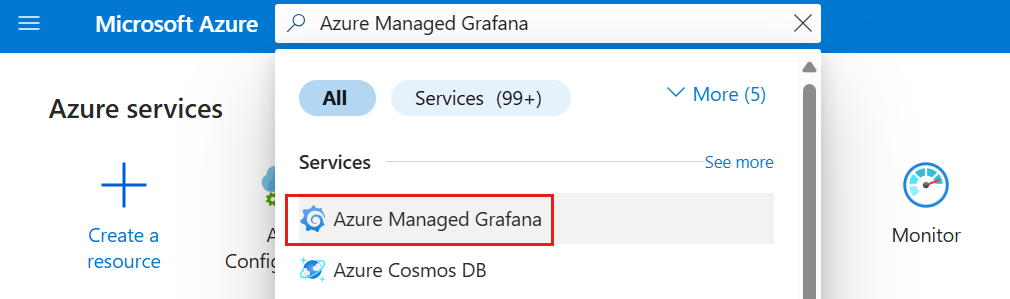 Captura de ecrã da plataforma Azure. Encontre o Azure Managed Grafana no mercado.