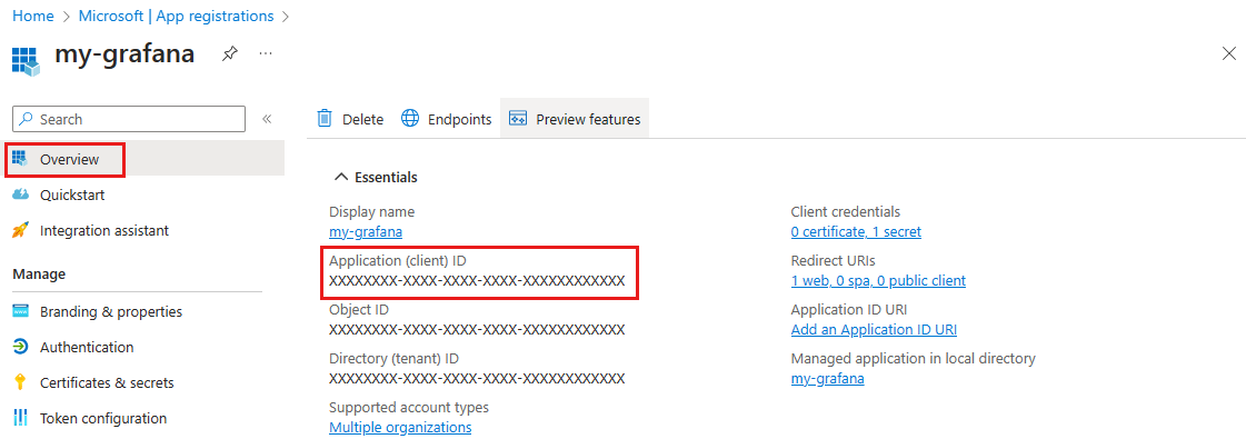 Captura de ecrã do portal do Azure, obtendo o ID do cliente.