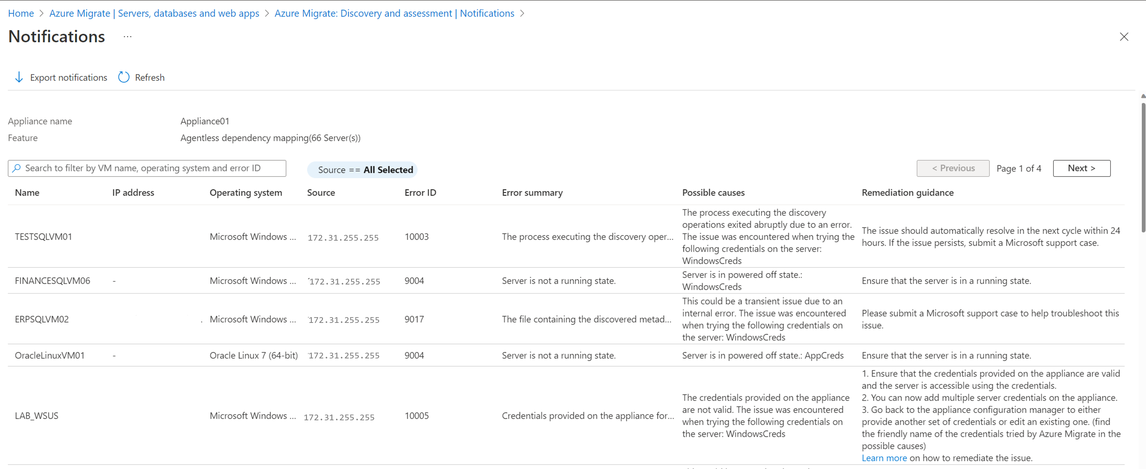 Captura de ecrã do ecrã Exportar notificações.