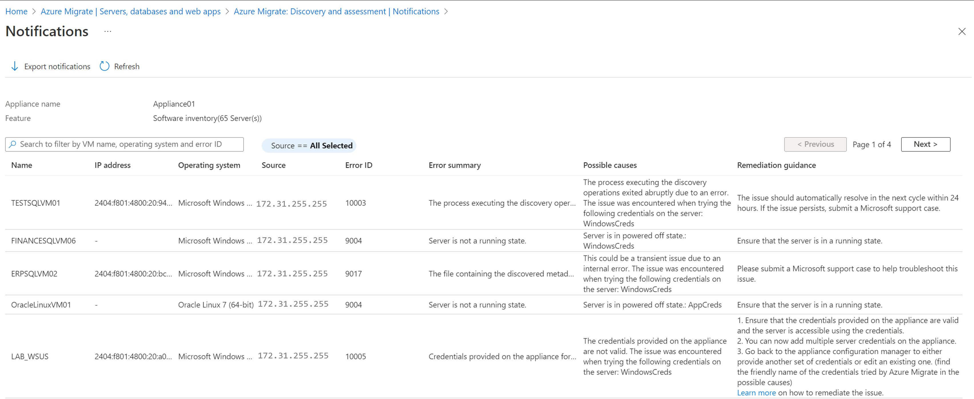 Captura de ecrã do ecrã Exportar notificações.