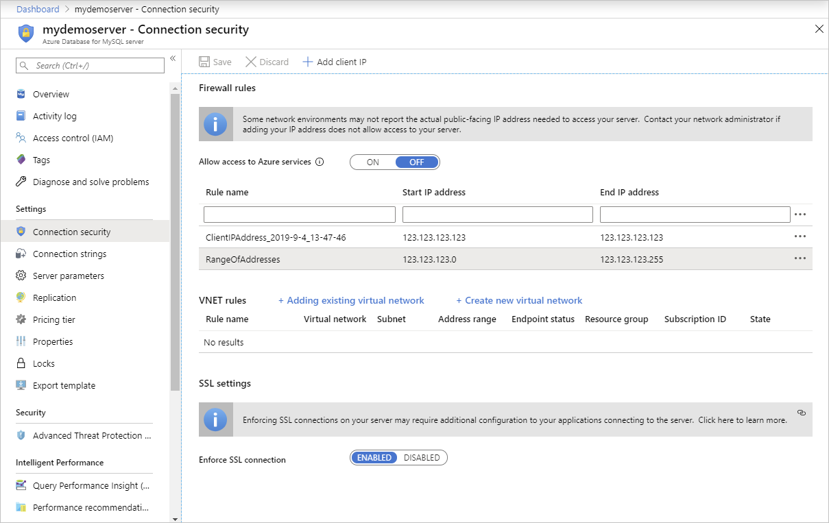 Portal do Azure - regras de firewall.