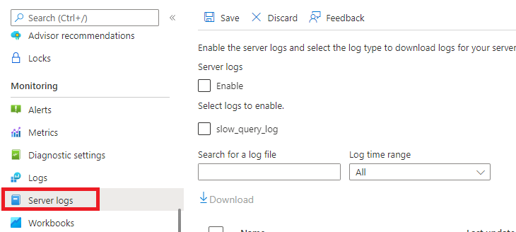 Captura de tela mostrando o Banco de Dados do Azure para logs de servidor flexível do MySQL.