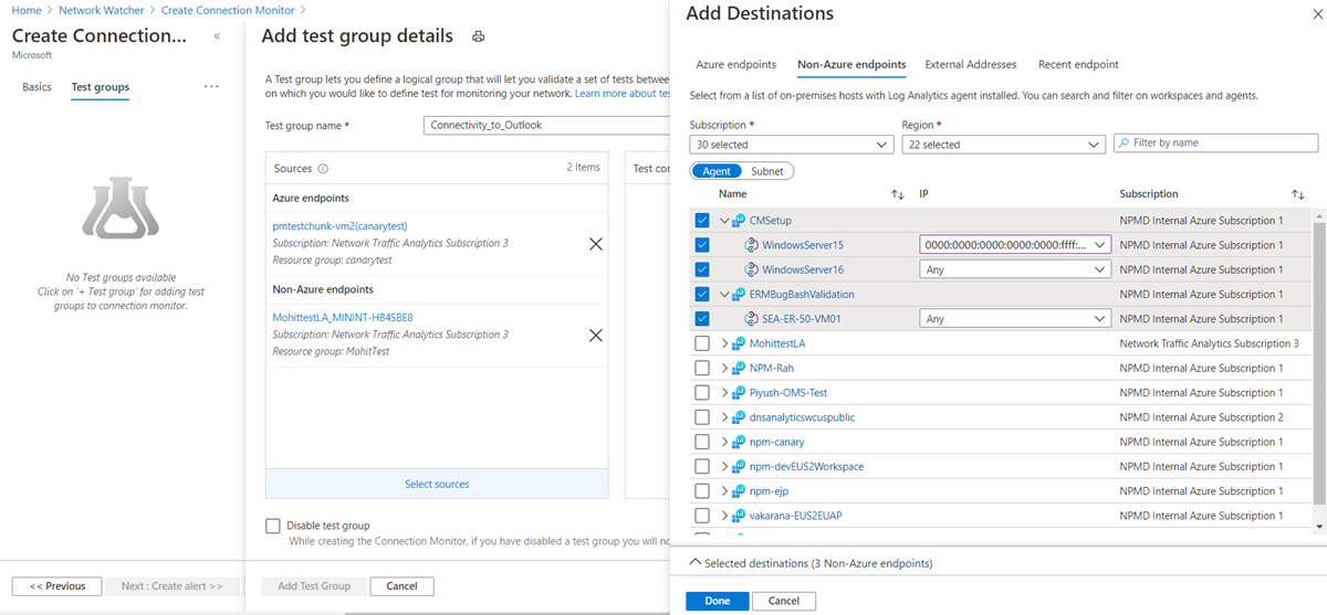 Captura de ecrã que mostra o painel 'Adicionar Destinos' e o separador 'Pontos de extremidade não Azure'.