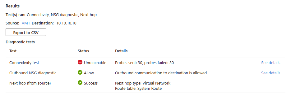 Captura de tela que mostra os resultados do problema de conexão depois de testar a conexão com um endereço IP de uma máquina virtual interrompida.