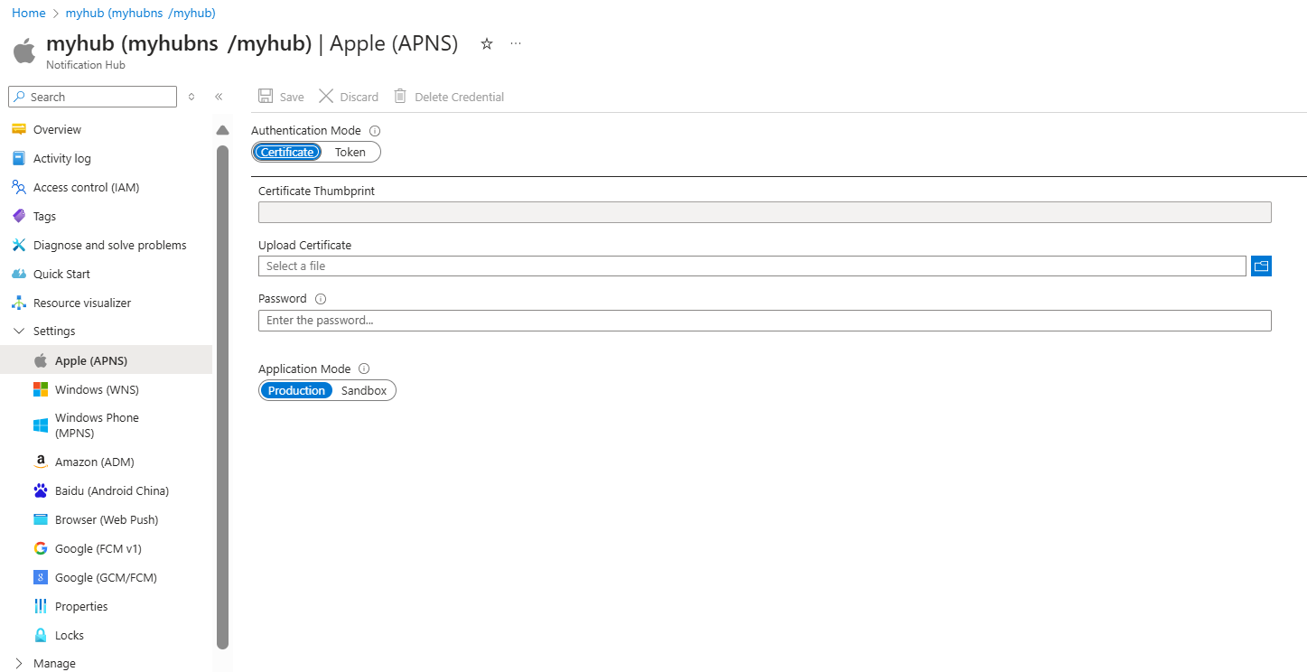 Captura de ecrã de uma configuração de certificado APNS no portal do Azure.