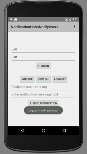 Screenshot of an emulator showing what the Notification Hubs Notify Users app looks like after logging in.