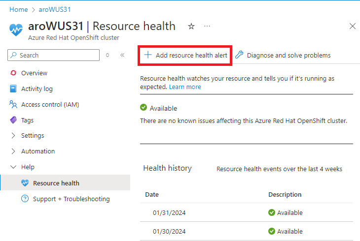 Captura de ecrã a mostrar a janela Estado de funcionamento do recurso com o botão Adicionar alerta de estado de funcionamento do recurso realçado.