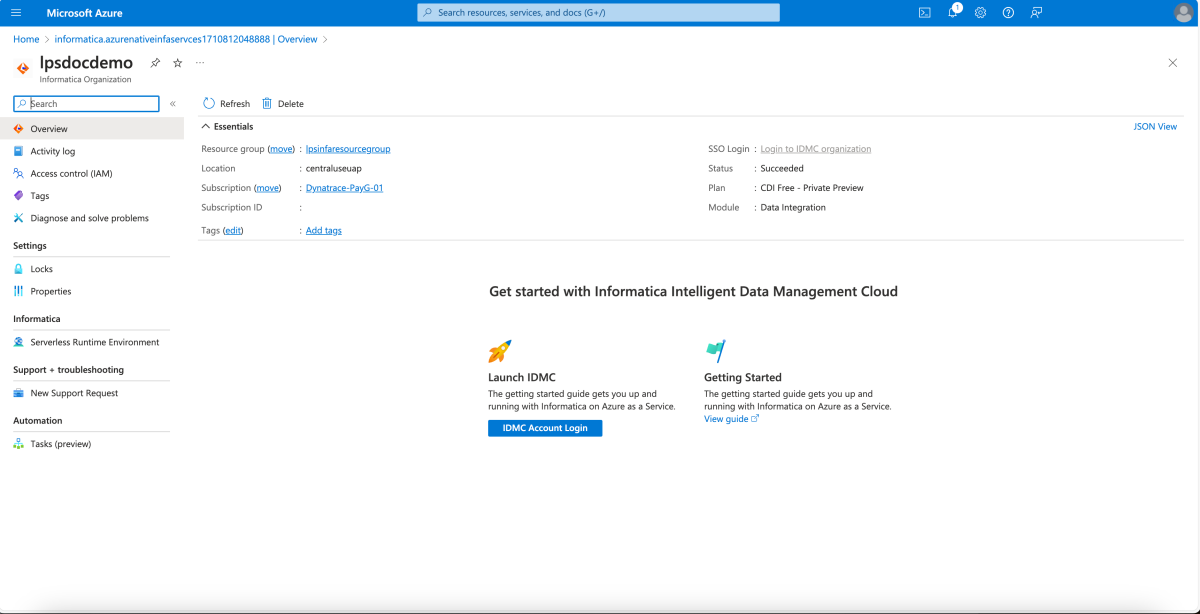 Captura de tela de informações sobre a visão geral do recurso da Informatica.