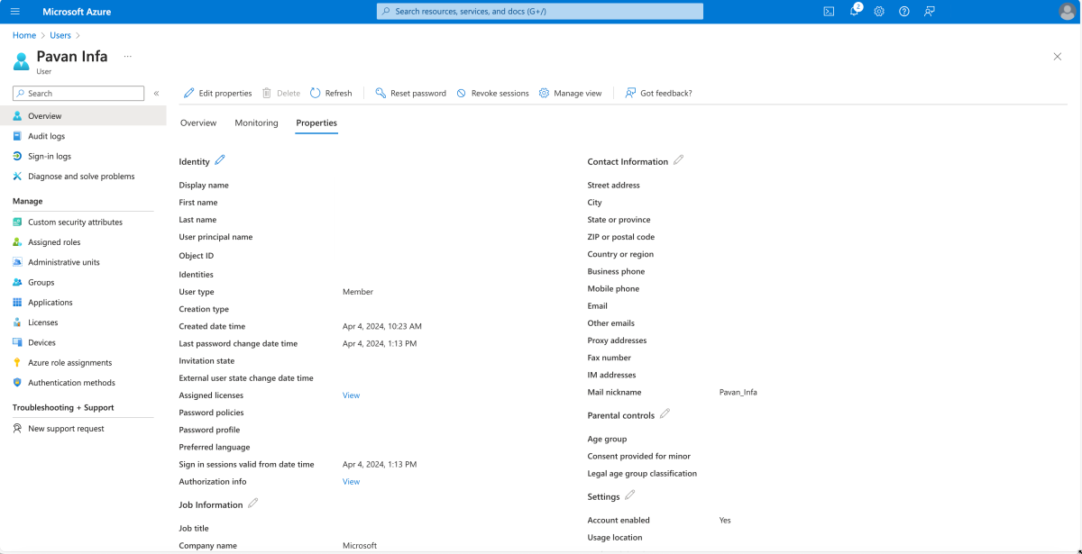 Captura de ecrã das informações de um utilizador no portal do Azure.