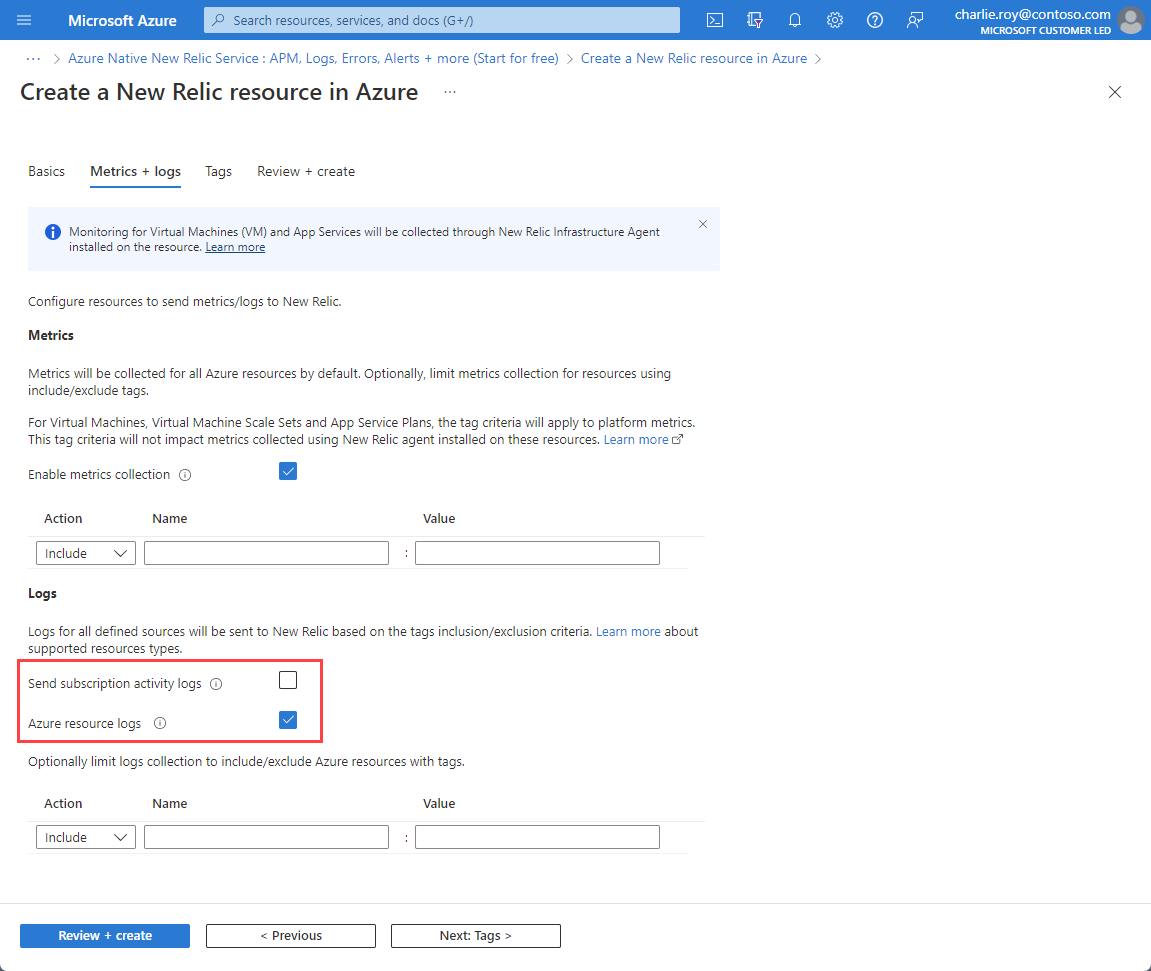 Captura de ecrã do separador para registos num recurso New Relic, com os registos de recursos selecionados.