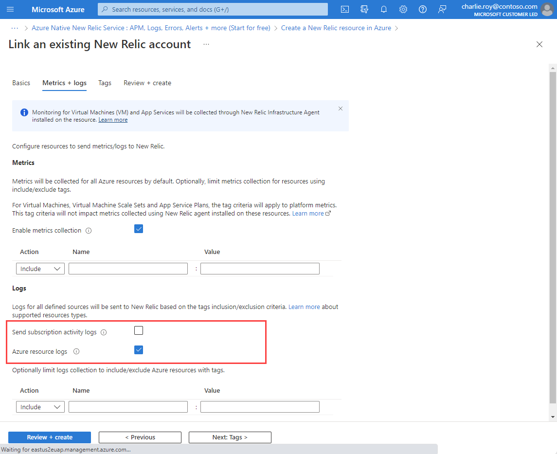 Captura de tela que mostra a guia para métricas e logs, com ações a serem concluídas.