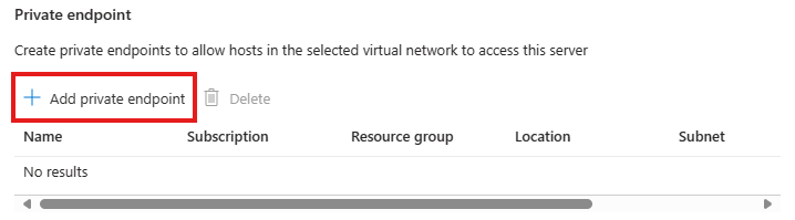 Captura de ecrã do botão para adicionar um ponto de extremidade privado no painel Rede no portal do Azure.