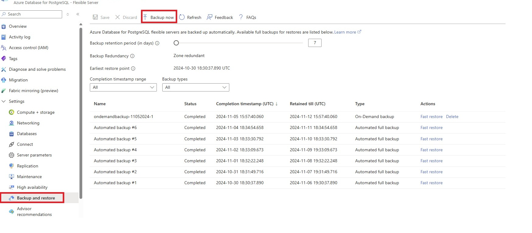 Captura de tela da seleção de backup agora.