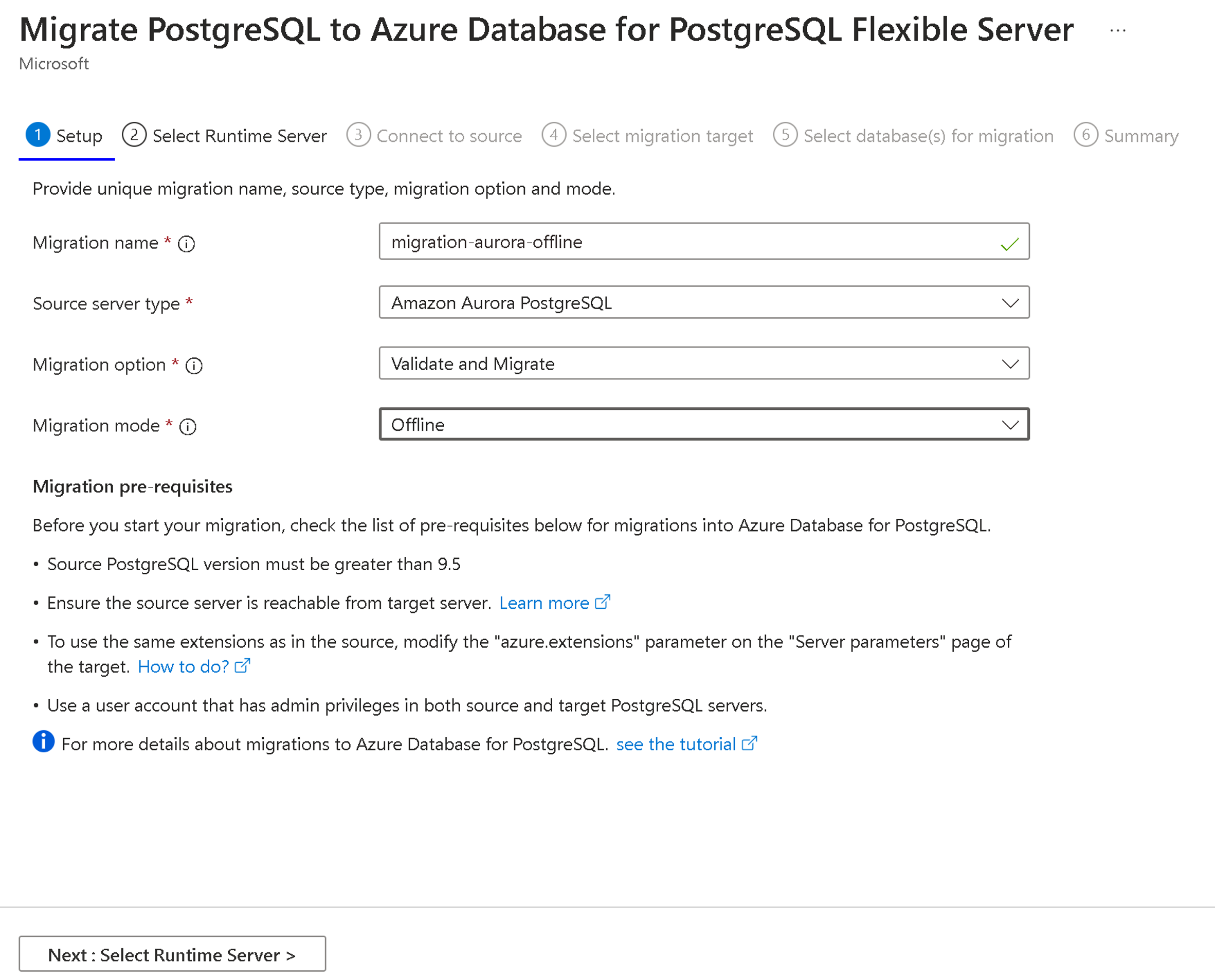 Captura de ecrã do separador Configuração de migração no portal do Azure.