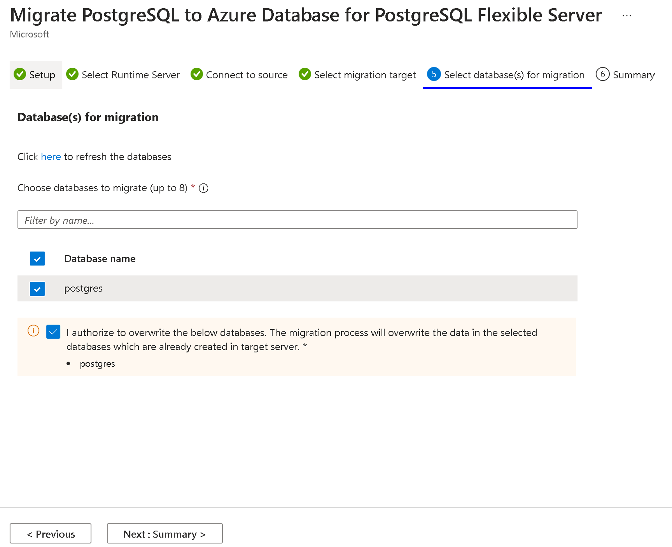 Captura de ecrã do separador Selecionar bases de dados para migração.