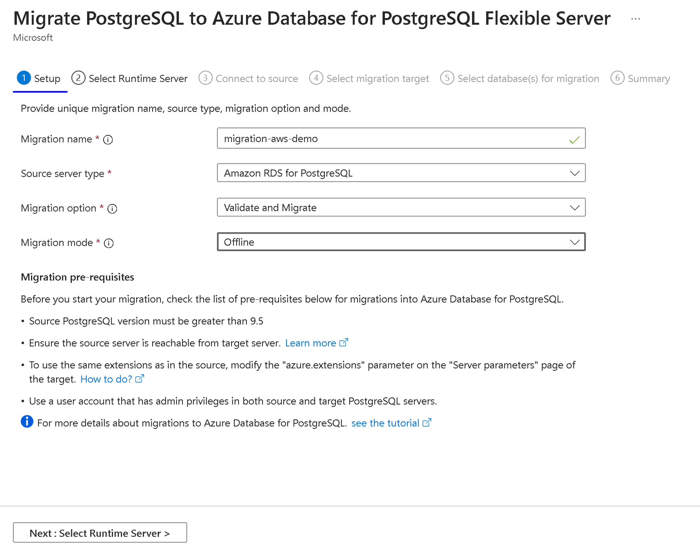 Captura de ecrã da página Setup Migration para começar.