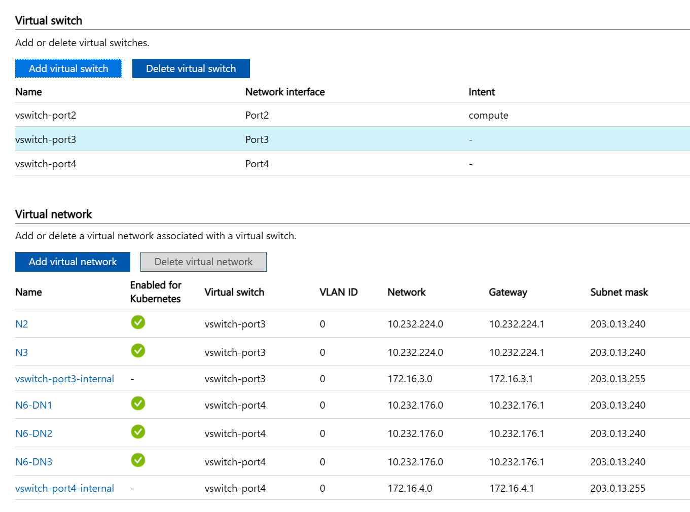 Captura de tela mostrando Rede avançada, com uma tabela de informações de comutador virtual e uma tabela de informações de rede virtual.