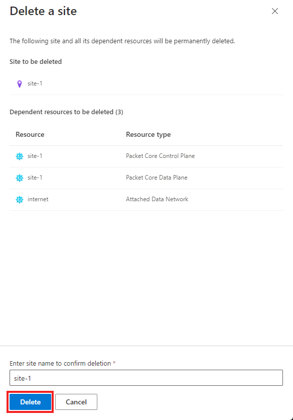 Screenshot of the Azure portal showing the review resources tab for site deletion.