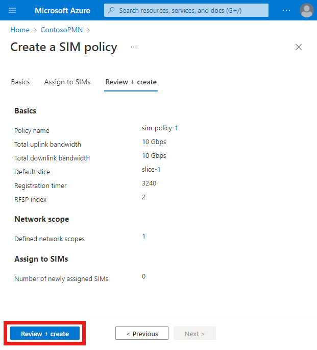 Captura de ecrã do portal do Azure a mostrar o separador Rever e criar para uma política sim. A opção Rever e criar está realçada.