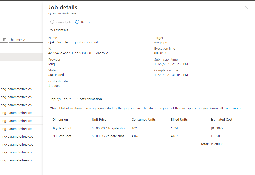 Captura de tela do painel Detalhes do trabalho para um trabalho quântico, com a guia Estimativa de custo selecionada.