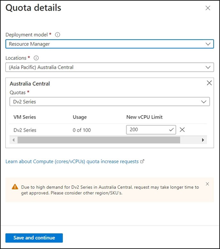 Captura de ecrã do painel Detalhes da quota no portal do Azure.