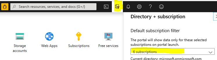 Captura de ecrã da lista de filtros de Subscrição do portal do Azure.