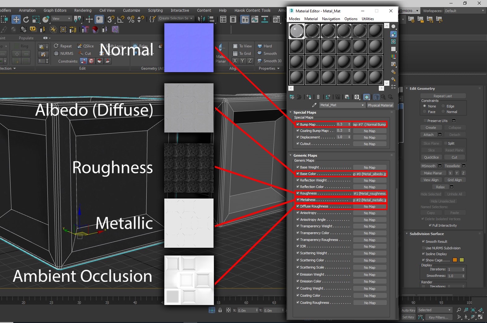 Captura de tela que mostra o conjunto completo de texturas atribuídas ao material.