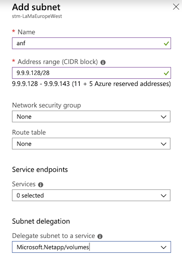 Screenshot that shows selections for adding a delegated subnet.