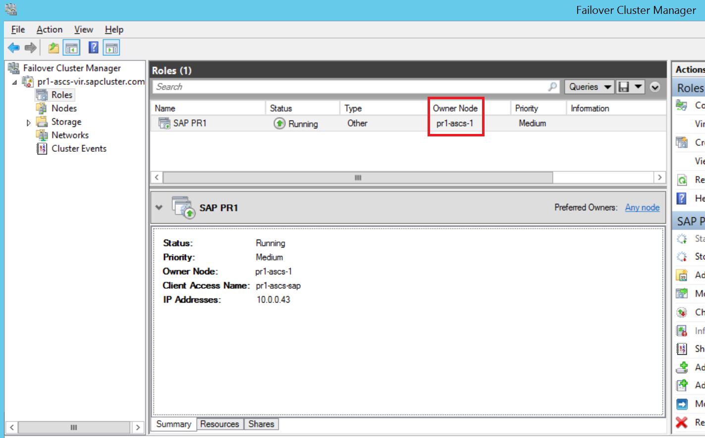 Figura 8: No Gerenciador de cluster de failover, o grupo de clusters SAP <SID> está sendo executado no nó de cluster B