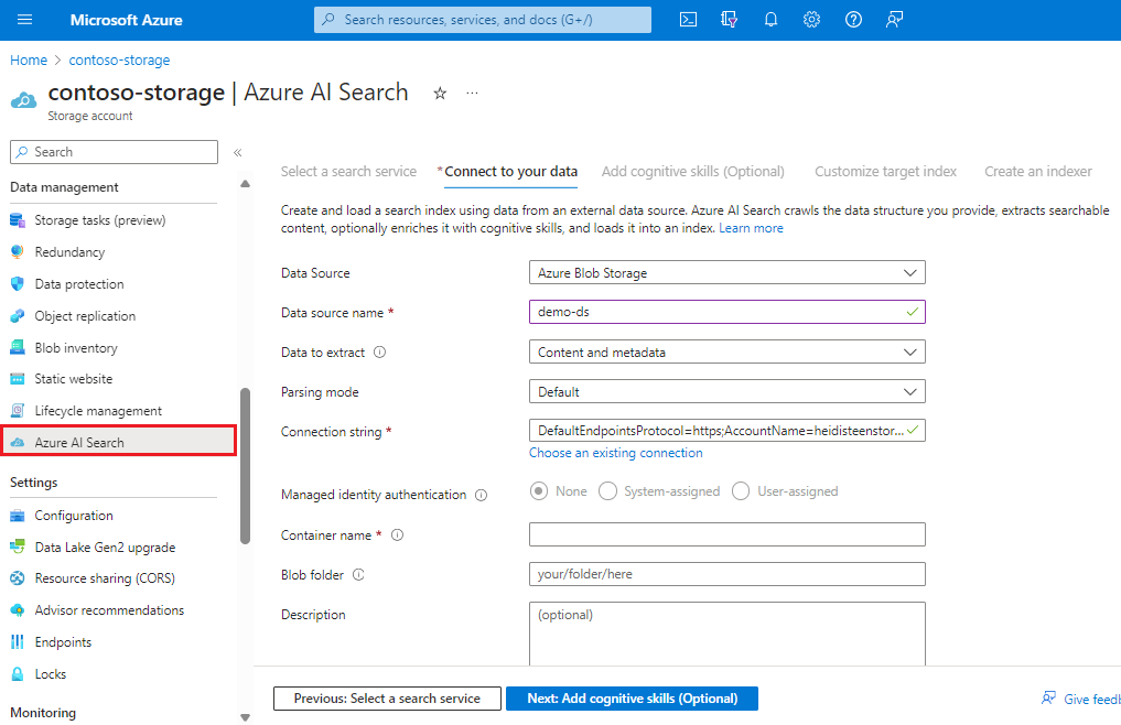 Captura de ecrã do assistente Azure AI Search na página do portal de Armazenamento do Azure.