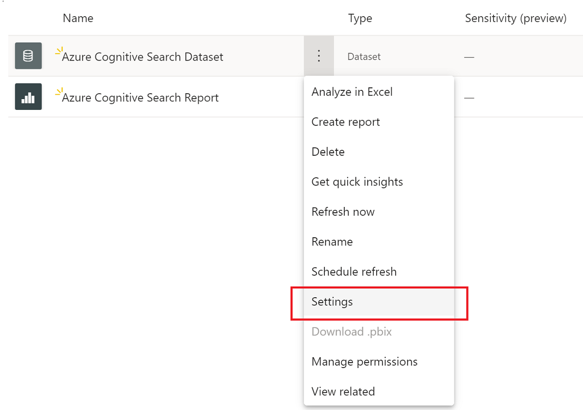 Captura de ecrã a mostrar como selecionar Definições a partir das opções do Conjunto de Dados da Pesquisa Cognitiva do Azure.