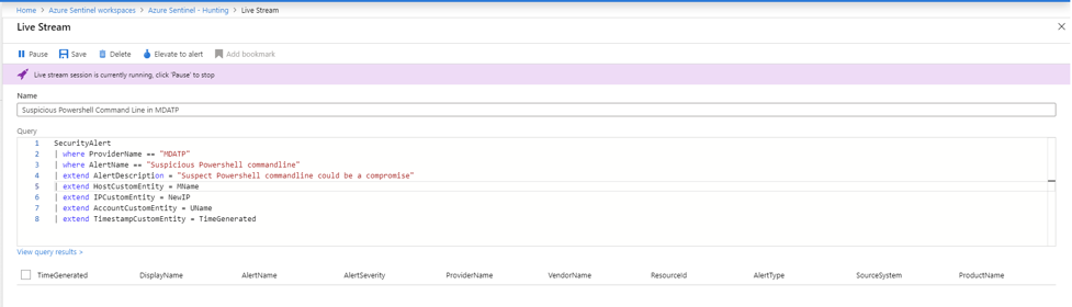 criar sessão de transmissão ao vivo a partir da caça ao Microsoft Sentinel