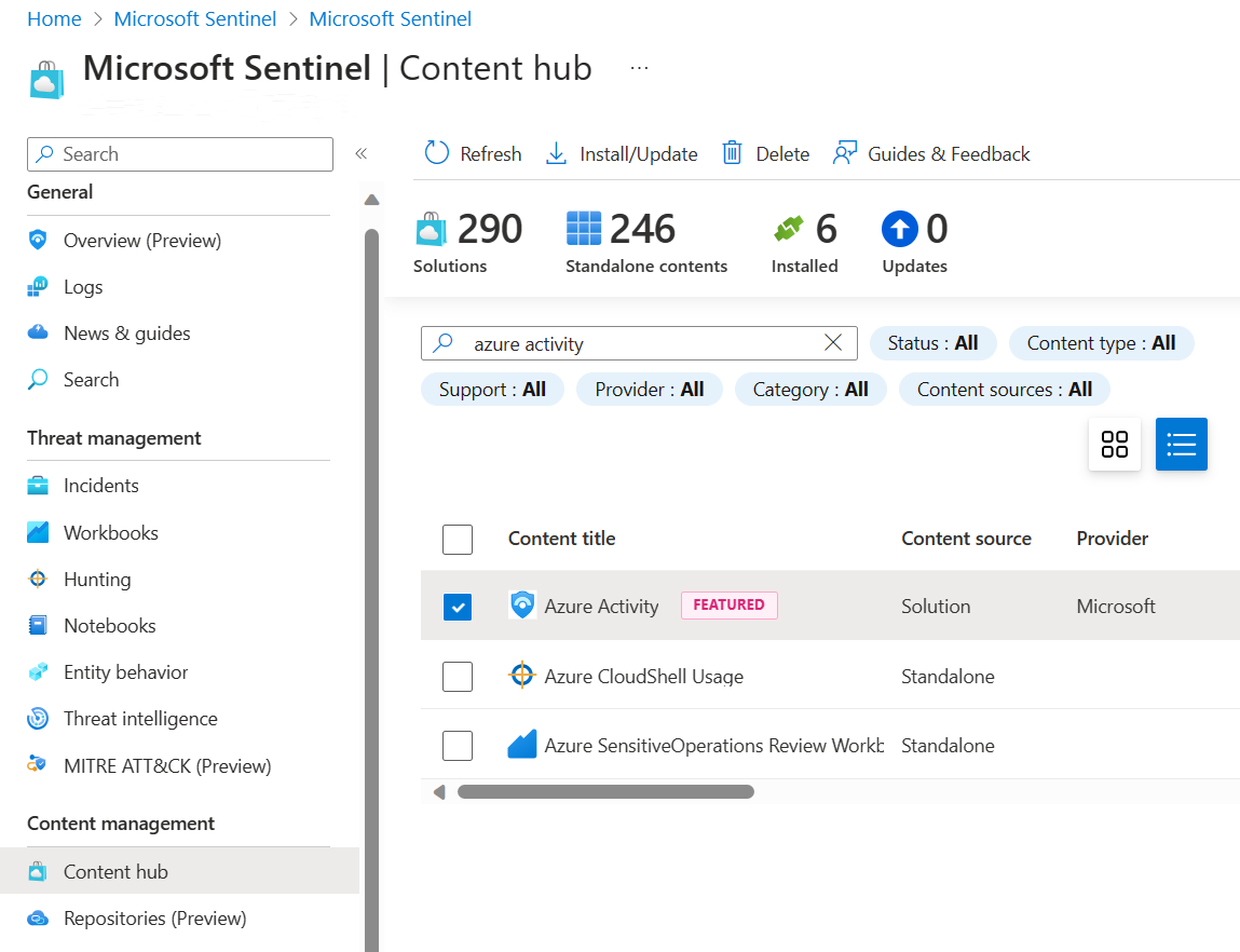 Captura de ecrã do hub de conteúdo com a solução para a Atividade do Azure selecionada.