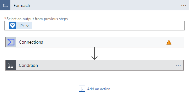 Captura de tela da ação de instrução de loop para cada no designer de aplicativo lógico.