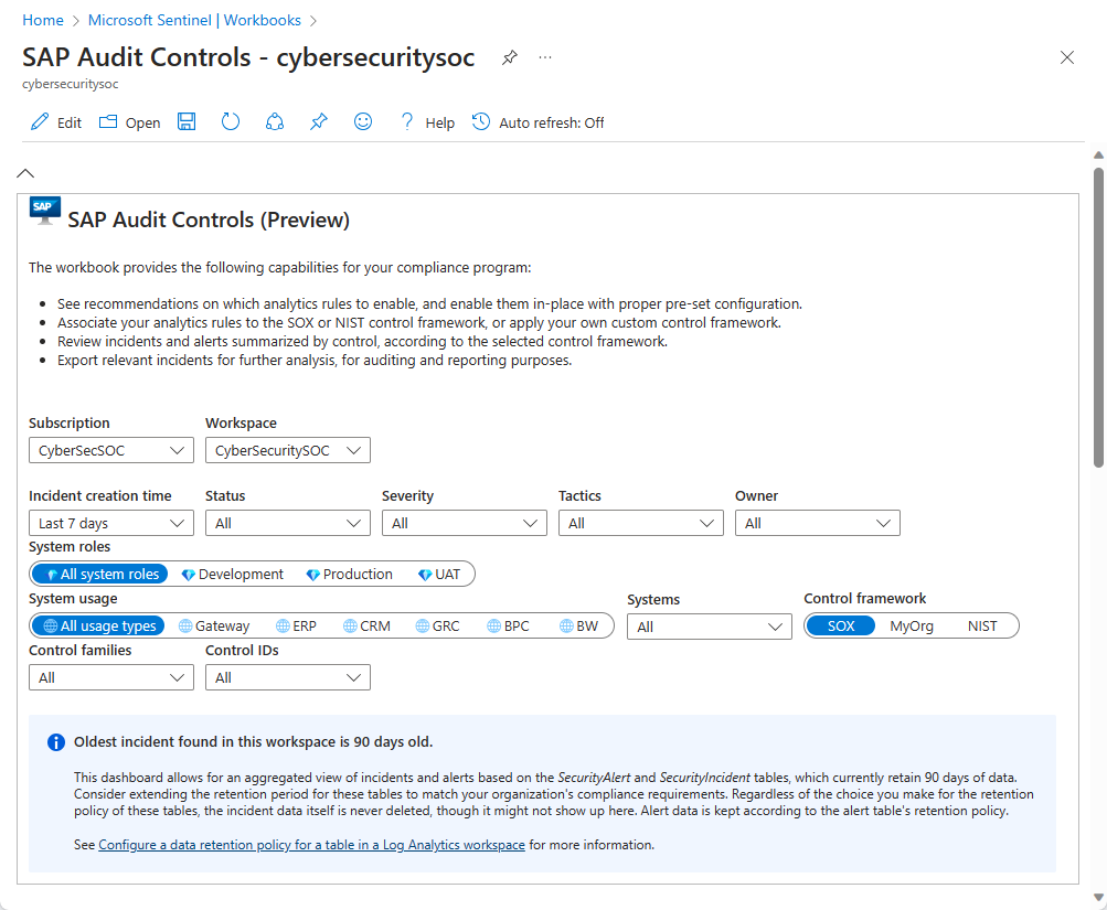 Captura de tela da parte superior da pasta de trabalho SAP Audit Controls.