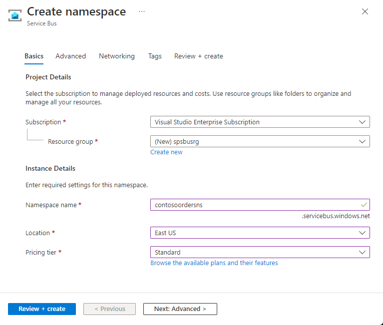 Imagem mostrando a página Criar um namespace