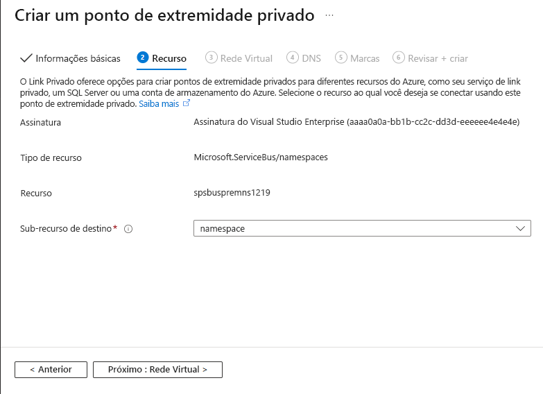 Captura de tela mostrando a página Recurso do assistente Criar ponto de extremidade privado.