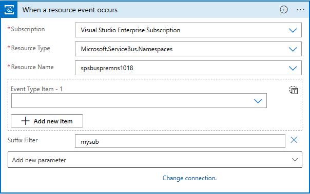 Captura de tela que mostra o Designer de Aplicativos Lógicos com configuração de conexão para o namespace do Service Bus.