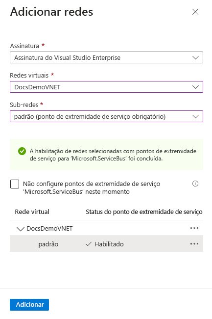 Imagem mostrando a mensagem de sucesso da ativação do ponto de extremidade de serviço.