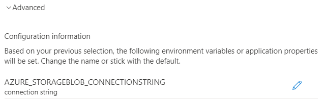 Captura de tela do portal do Azure, mostrando a configuração de autenticação avançada para autenticar com uma cadeia de conexão.