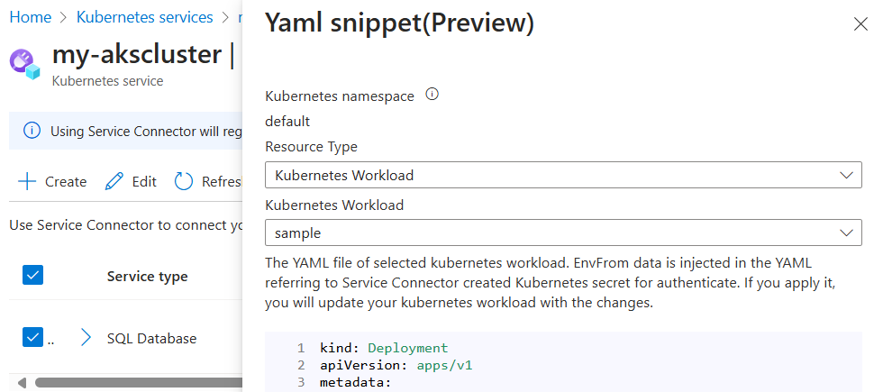 Captura de tela do portal do Azure mostrando o trecho do Kubernetes para criar uma nova conexão com um banco de dados SQL no AKS.