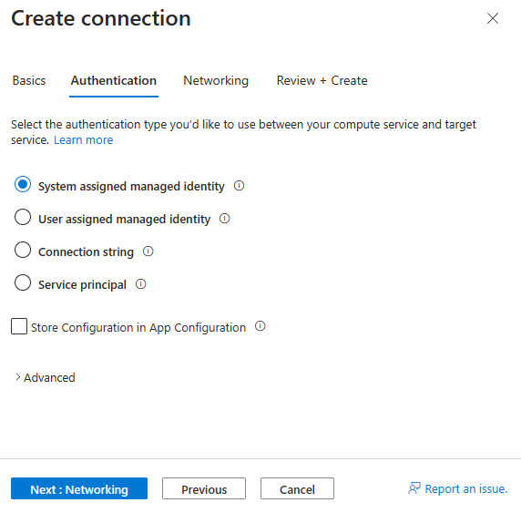 Captura de ecrã do portal do Azure, selecionando App Configuration connection auth.