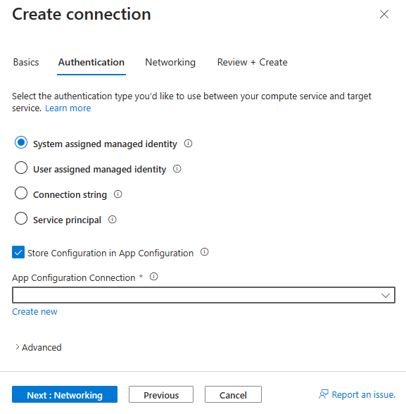 Captura de tela do portal do Azure, selecionando Blob Storage connection auth.