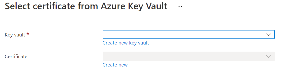 Captura de ecrã do Azure Key Vault e menus pendentes de certificados, PNG.