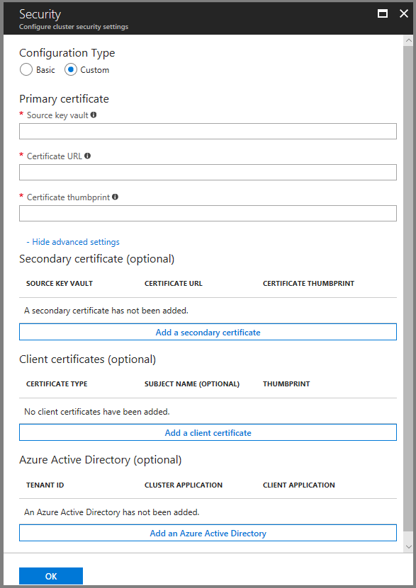 A captura de tela mostra a caixa de diálogo Segurança Configurar configurações de segurança do cluster.