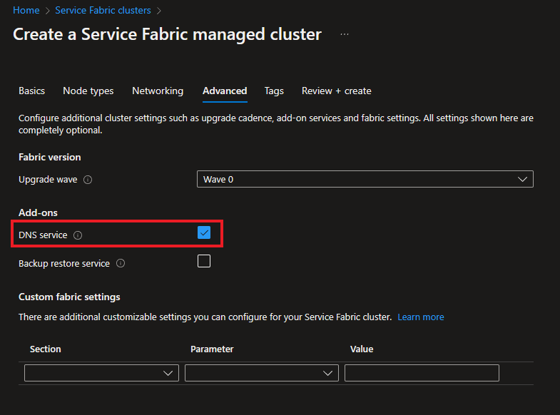 Captura de ecrã a mostrar a ativação do serviço DNS para um cluster gerido através do portal.