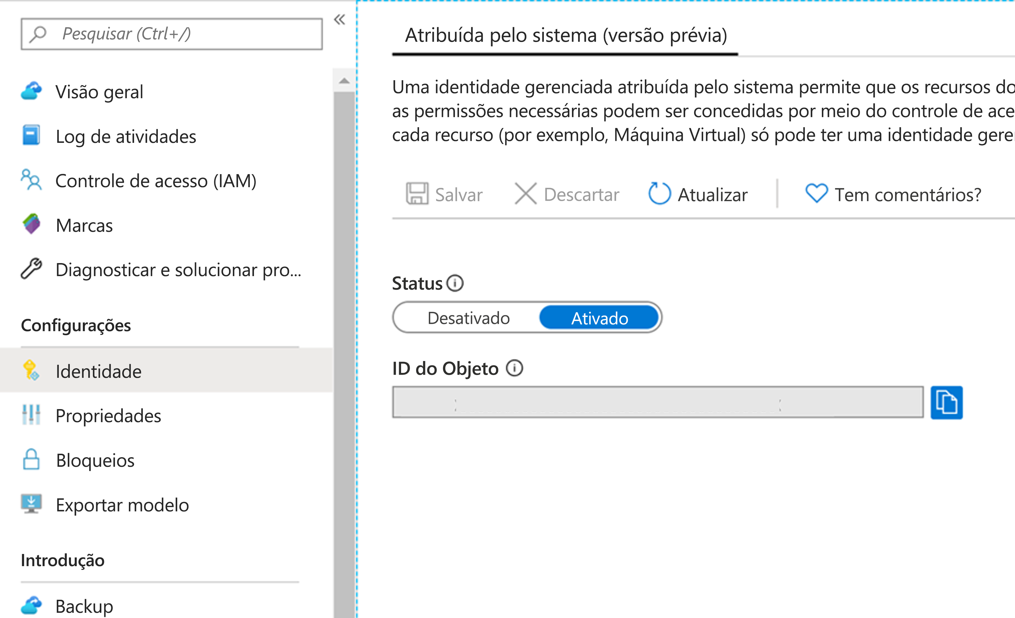 Captura de tela que mostra a página de configurações de identidade do sistema.