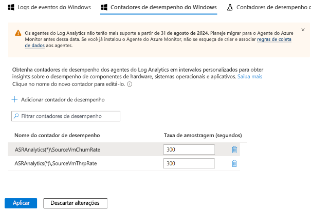 Captura de tela da tela de configuração de contadores.